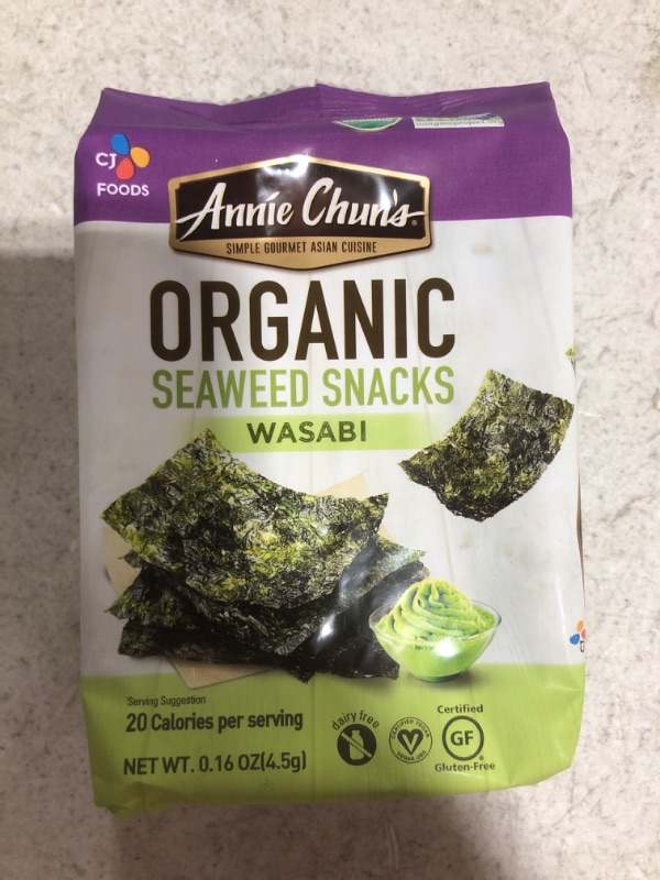 Photo 2 of ANNIE CHUN'S, Seaweed Snk, Og2, Wasabi, Pack of 12, Size .16 OZ, (Gluten Free GMO Free Vegan 95%+ Organic)
BB 06/2022.