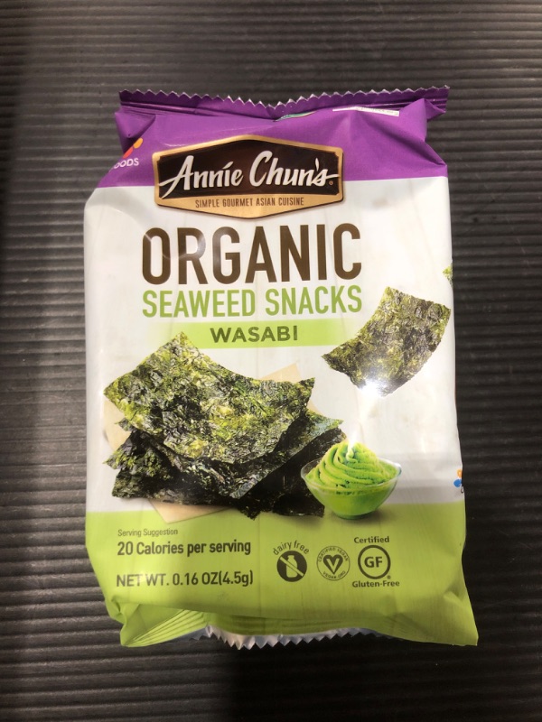 Photo 2 of ANNIE CHUN'S, Seaweed Snk, Og2, Wasabi, Pack of 12, Size .16 OZ, (Gluten Free GMO Free Vegan 95%+ Organic)
BB 06/2022.