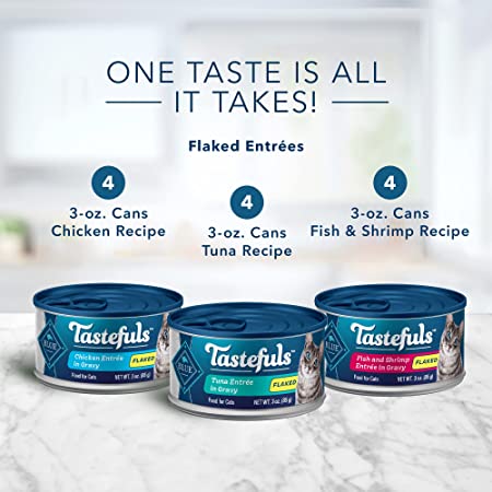 Photo 2 of Blue Buffalo Tastefuls Natural Flaked Wet Cat Food Variety Pack, Tuna, Chicken, Fish & Shrimp Entrées in Gravy 3-oz Cans (12 Count - 4 of Each Flavor)
BB 10/2024.