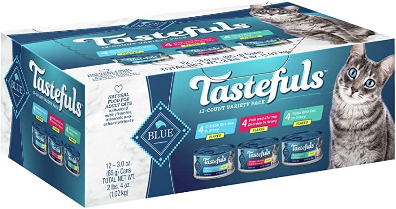 Photo 1 of Blue Buffalo Tastefuls Natural Flaked Wet Cat Food Variety Pack, Tuna, Chicken, Fish & Shrimp Entrées in Gravy 3-oz Cans (12 Count - 4 of Each Flavor)
BB 10/2024.