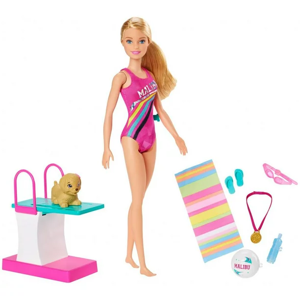 Photo 1 of Barbie Dreamhouse Adventures Swim 'n Dive Doll, 11.5-Inch In Swimwear, With Diving Board And Puppy
