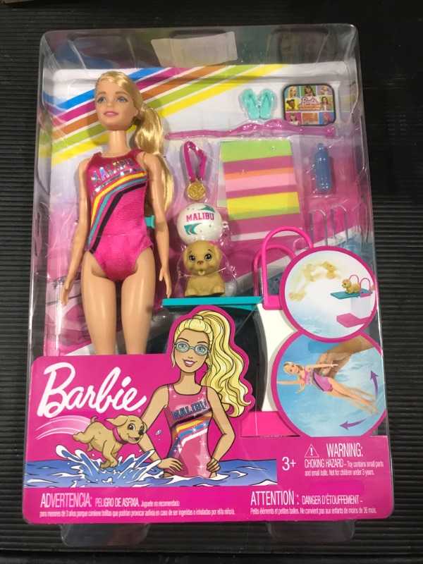 Photo 2 of Barbie Dreamhouse Adventures Swim 'n Dive Doll, 11.5-Inch In Swimwear, With Diving Board And Puppy
