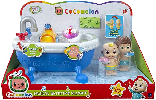 Photo 1 of CoComelon Musical Bathtime Playset - Plays Clips of The ‘Bath Song’ - Features 2 Color Change Figures (JJ & Tomtom), 2 Toy Bath Squirters, Cleaning Cloth – Toys for Kids, Toddlers, and Preschoolers
