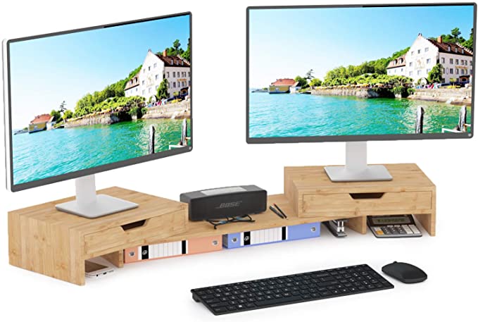 Photo 1 of Elephance Dual Monitor Stand Riser with Adjustable Length and Angle, Bamboo Computer Riser with 2 Extra Drawers, Desk Organizer for Laptop, Computer No Assembly Required