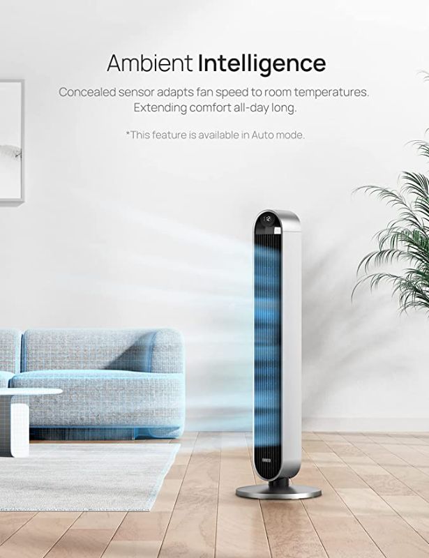 Photo 1 of Dreo Pilot Max 120° Oscillating Tower Fan, 42 Inch Bladeless Fan for Bedroom, 25dB Quiet DC Motor, Standing Fan with Remote, 12 Hyper Wind Speeds, 4 Modes, 12H Timer Floor Fans for Home Living Room