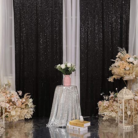 Photo 1 of 2Pcs 3Ft x 8Ft Black Sequin Backdrop Curtain, Glitter Photography Background, Sequence Xmas Thanksgiving Backdrop for Wedding Party Holiday Festival Decor
