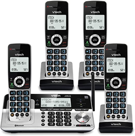 Photo 1 of VTech VS113-4 Extended Range 4 Handset Cordless Phone for Home with Call Blocking, Connect to Cell Bluetooth, 2" Backlit Screen, Big Buttons, and Answering System, Silver & Black
