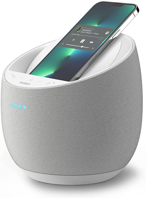 Photo 1 of Belkin SoundForm Elite Hi-Fi Smart Speaker + Wireless Charger, Qi Charging Dock with Sound Acoustics by Devialet, Alexa Voice Controlled Bluetooth Speaker for iPhone, Galaxy and More (White)
