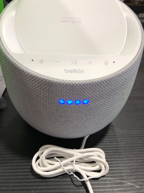 Photo 2 of Belkin SoundForm Elite Hi-Fi Smart Speaker + Wireless Charger, Qi Charging Dock with Sound Acoustics by Devialet, Alexa Voice Controlled Bluetooth Speaker for iPhone, Galaxy and More (White)
