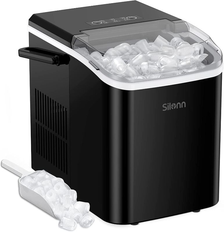 Photo 1 of Silonn Countertop Ice Maker Machine, Portable Ice Makers Countertop with Handle, Makes up to 27 lbs. of Ice Per Day, 9 Cubes in 7 Mins, Self-Cleaning Ice Maker with Ice Scoop and Basket
