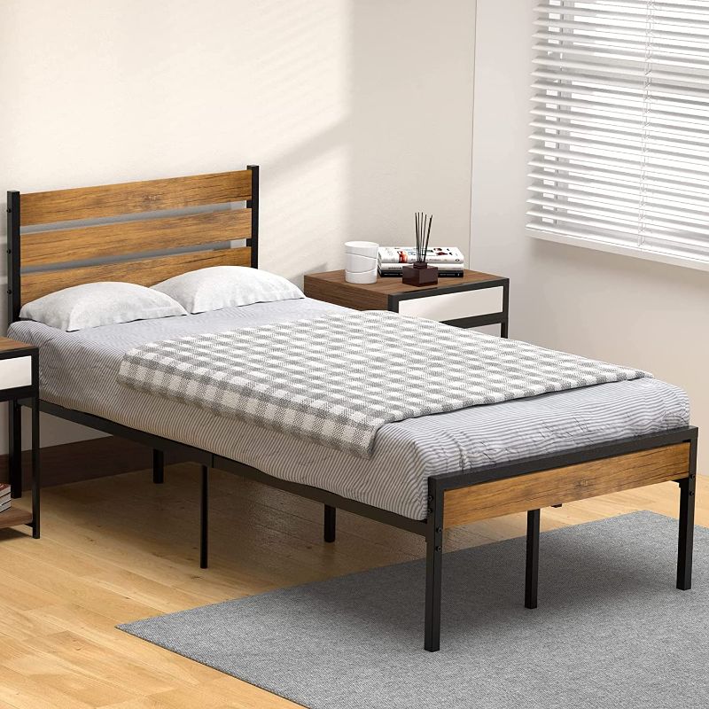 Photo 1 of Alkmaar Bed Frame with Wood Headboard and Metal Slats Support Platform Bed Frame with Storage No Box Spring Needed (Twin)
