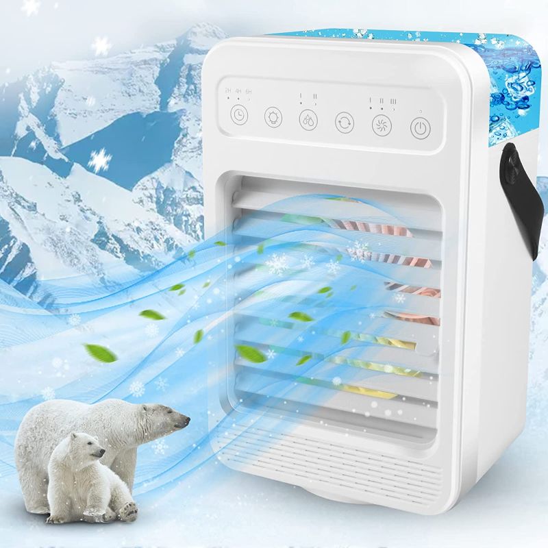 Photo 1 of VIIMI Portable Air Conditioner, 6-IN-1 Evaporative Personal Air Cooler Humidifier with 4 Speeds 7 Colors Light, 70°Oscillation USB Quiet Air Cooler white
