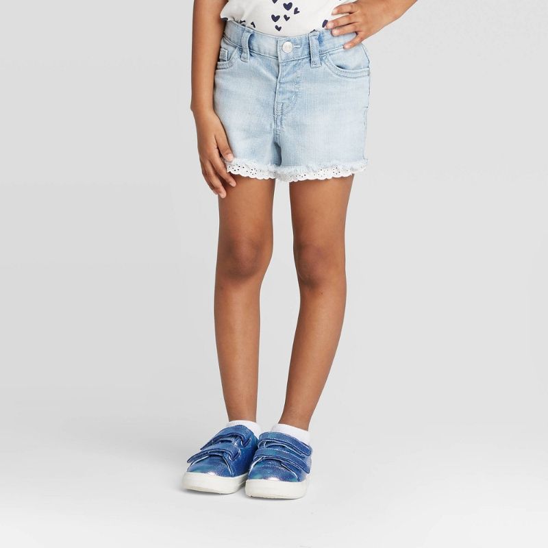 Photo 1 of Toddler Girls' Lace Hem Jean Shorts - Cat & Jack™ Light Wash 4T
