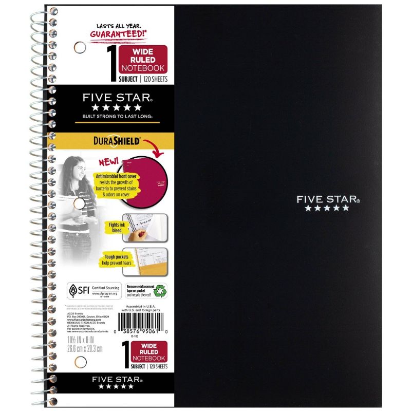 Photo 1 of Spiral Notebook 1 Subject Wide Ruled Anti-Microbial Black - Five Star 12 Pack
