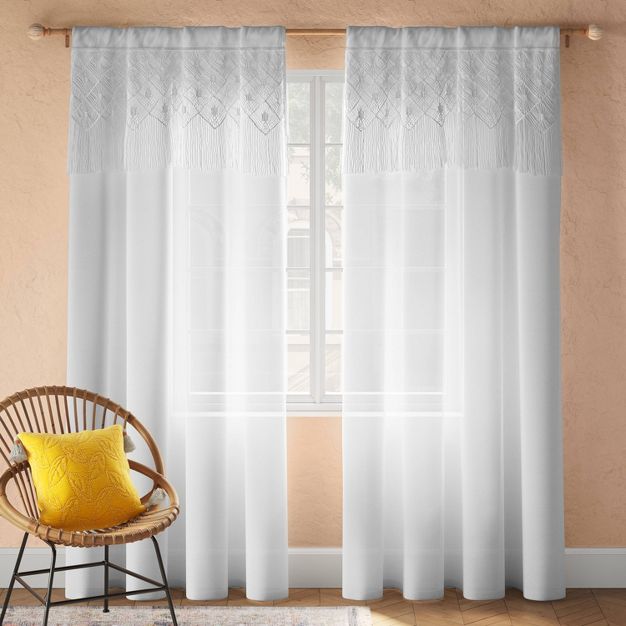 Photo 1 of 1pc 41"x24" Sheer Macrame with Attached Valance Curtain Panel White - Opalhouse™

