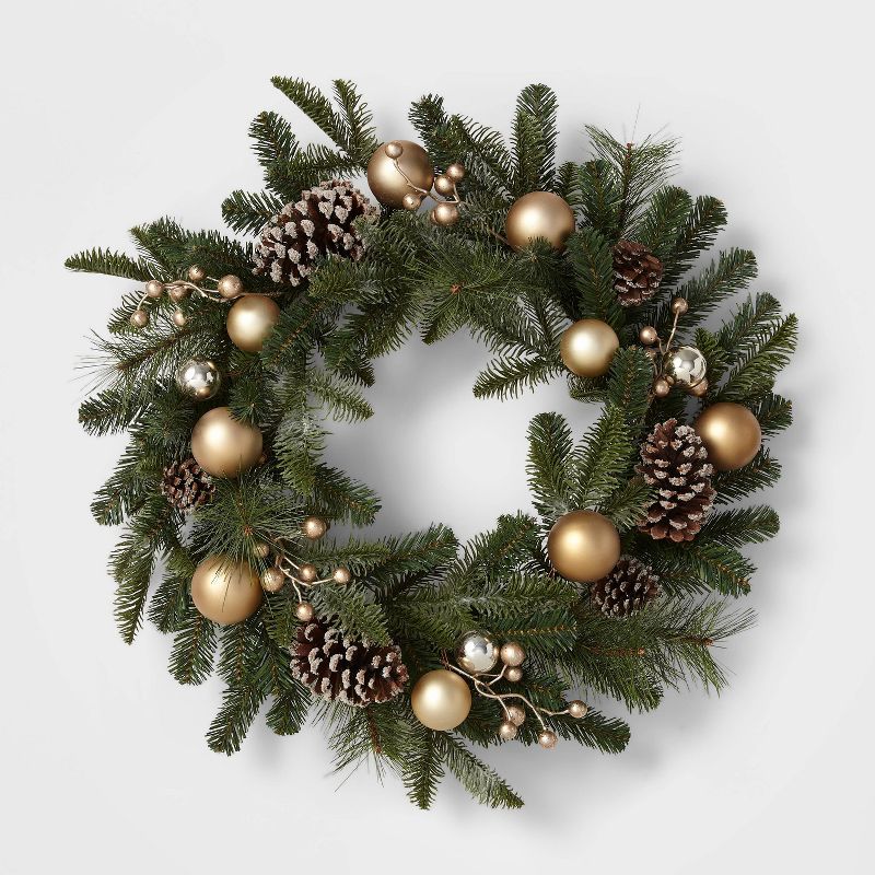 Photo 1 of 28" Flocked Mixed Greenery Artificial Christmas Wreath with Gold Ornaments & Berries - Wondershop