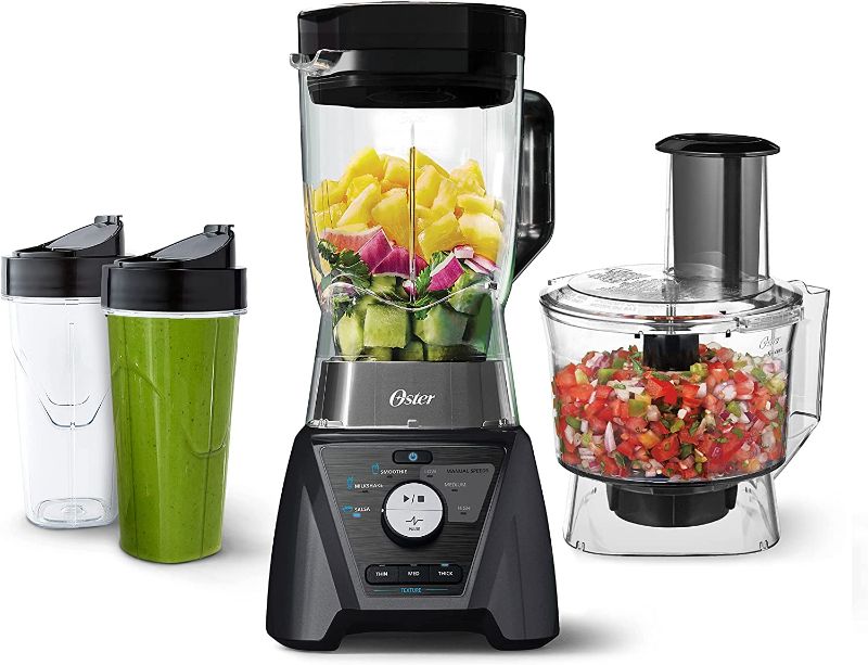 Photo 1 of Oster Blender and Food Processor Combo with 3 Settings for Smoothies, Shakes, and Food Chopping, Includes 2 24-Ounce Cups and Lids, Carbon Grey
