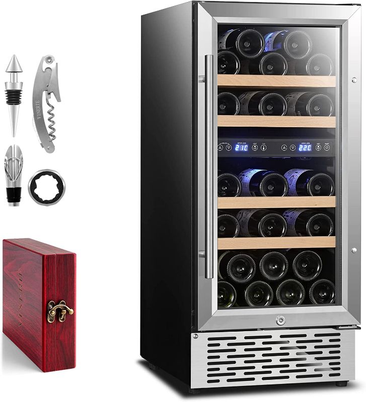 Photo 1 of ***DOESNT STAY AT TEMP**VINERIE Elegant 15 Inch Wine Cooler Refrigerators, 30 Bottle Dual Zone Built-in or Freestanding Fridge with Upgrade Compressor & Tempered Glass Door, 41F-73F Digital Temperature Control
