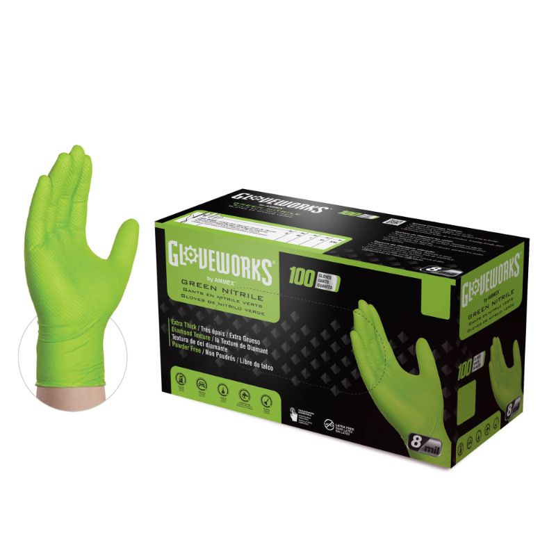 Photo 1 of Ammex GWGN Gloveworks Industrial Grade Textured Nitrile Gloves, Powder-Free, XXL, Grn, 100/Box
