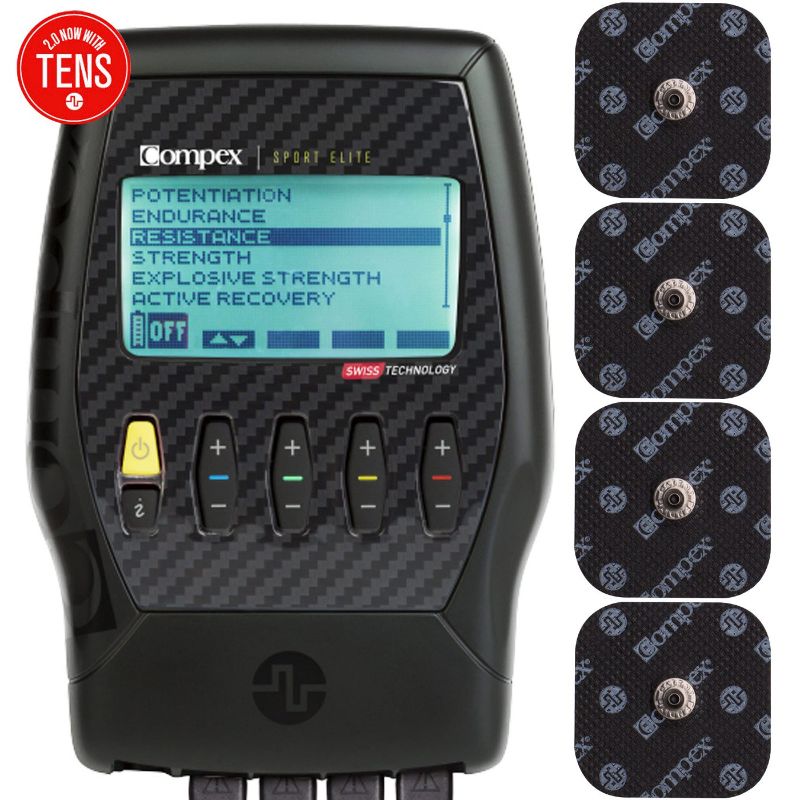 Photo 1 of Compex Sport Elite 2.0 Muscle Stimulator with TENS Bundle Kit: Muscle Stim 12 Snap Electrodes 10 Programs Lead Wires Battery Case / 4 Strength 2
