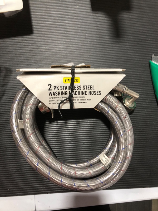 Photo 1 of 4 ft. Universal Stainless Steel Washing Machine Hose with Elbow (2-Pack)