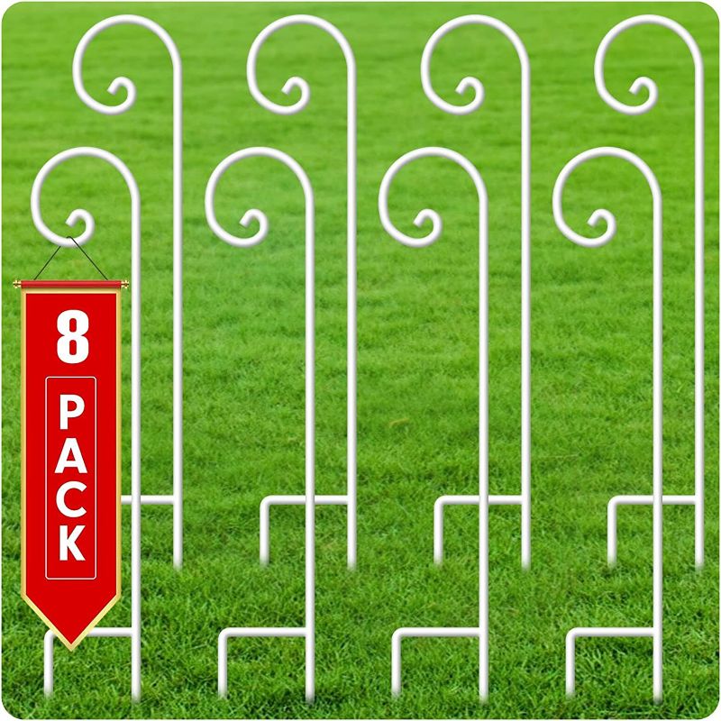 Photo 1 of  8 Pack 48 Inch Shepherds Hooks for Outdoor Garden Single Piece No Assembly Solid Metal Heavy Duty Shepards Hooks for Wedding Decoration Plants Lanterns Marson Jars Wind Chimes White BG447
