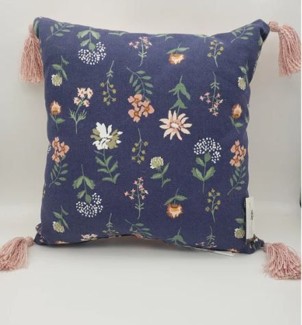 Photo 1 of (4 PACK) Navy Blue & Pink Floral Throw Pillow With Tassels
