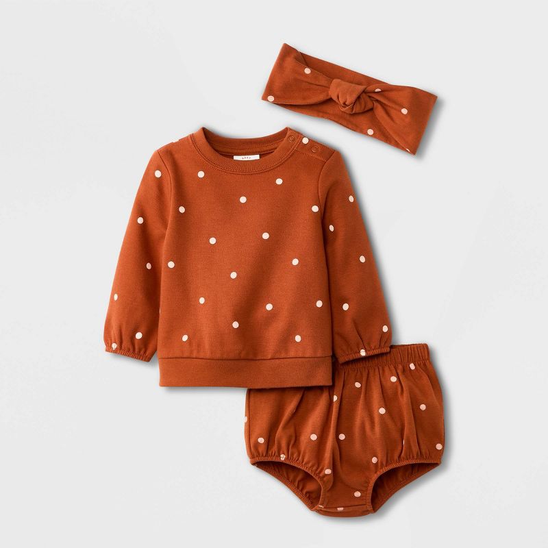 Photo 1 of Baby Girls' Polka Dot Sweatshirt Top & Shorts Set with Headband - Cat & Jack™ Orange 18 MOS

