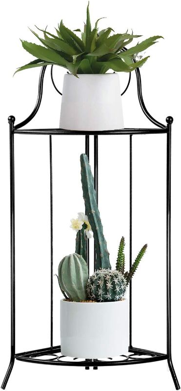 Photo 1 of Yolafe Plant Stand 2 Tier Metal Corner Flower Stand Foldable Floor Flower Pot Shelf for Floor Balcony Indoor and Outdoor Living Room,Black
