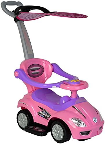 Photo 1 of ChromeWheels Push Cars for Toddlers, 3 in 1 Ride on Push Car with Removable Canopy, Ride on Toys Mega Car w/ Handle & Horn & Music, Pink
