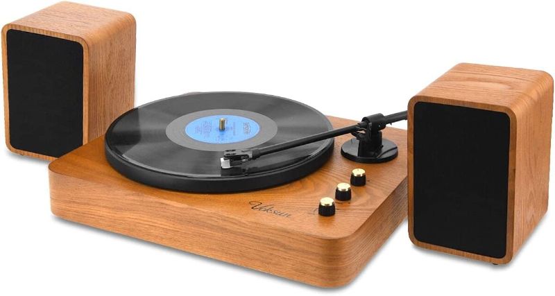 Photo 1 of Voksun 3-Speed Precision Turntable with Dual 15 Watt Speakers, High Fidelity Vinyl Record Player with Magnetic Cartridge, Belt-Drive, Bluetooth, Natural Walnut
