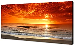 Photo 1 of Canvas Wall Art Sunset Ocean Beach Pictures Photo Paintings for Living Room Bedroom Home Decorations Modern Stretched and Framed Seascape Waves Landscape Giclee Artwork for Walls Prints, 40 X 20 INCHES