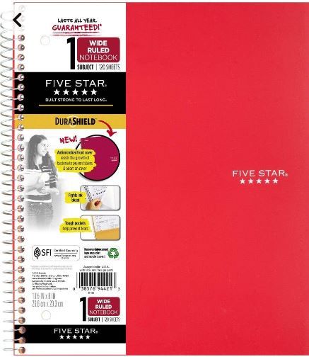 Photo 1 of 12 Count Spiral Notebook 1 Subject Wide Ruled Anti-Microbial- Five Star Multicolor