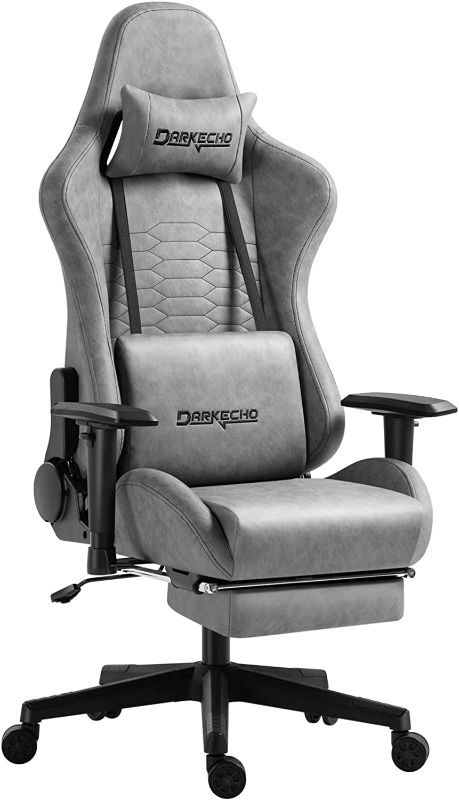 Photo 1 of FOR PARTS ONLY, DARKECHO GAMING CHAIR OFFICE CHAIR WITH FOOTREST MASSAGE VINTAGE LEATHER ERGONOMIC COMPUTER CHAIR RACING DESK CHAIR RECLINING ADJUSTABLE HIGH BACK GAMER CHAIR WITH HEADREST AND LUMBAR SUPPORT GREY
