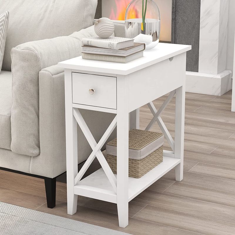 Photo 1 of Choo Choo Flip Top Open End Table, Narrow Side Table Slim End Table for Living Room Bedroom, White
