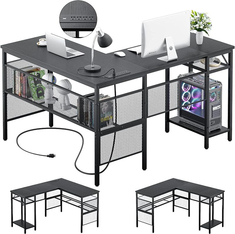 Photo 1 of Unikito L Shaped Desk with USB Charging Port and Power Outlet, Reversible L-Shaped Corner Computer Desk with Storage Shelves, Industrial 2 Person Long Gaming Table Modern Home Office Desk, Black
