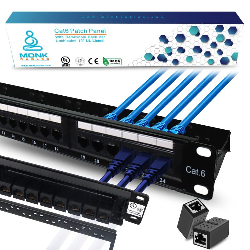 Photo 1 of Cat6 24 Port Patch Panel Passthrough - UL Listed Inline Coupler Keystone Patch Panel - 10G Support Network Patch Panel - Rack Mount 19 Inch Ethernet Patch Panel with Back Bar - by Monk Cables
