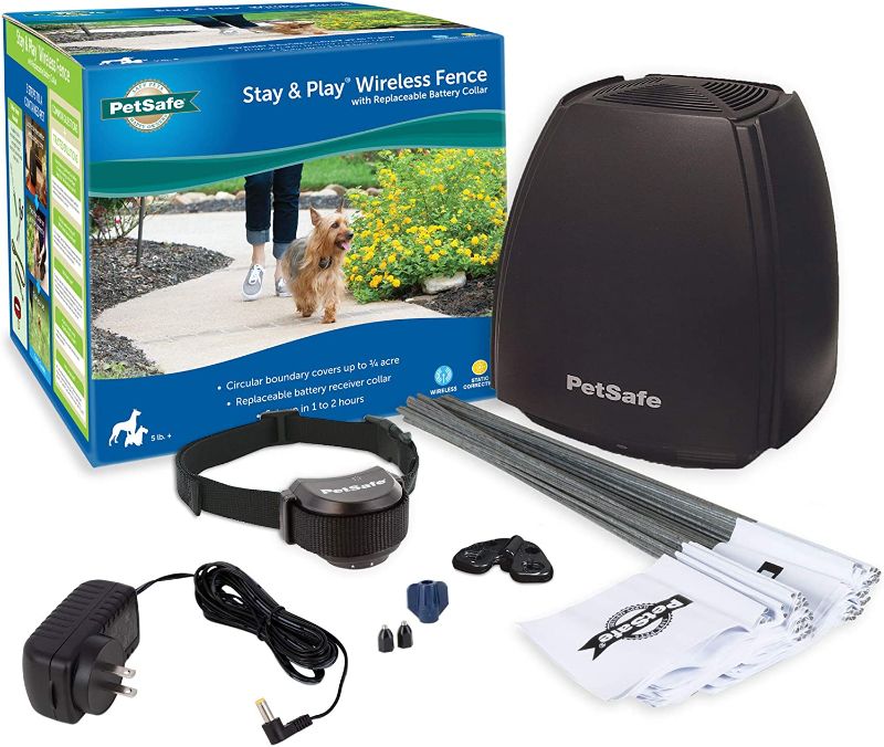 Photo 1 of PetSafe Stay & Play Wireless Pet Fence with Replaceable Battery Collar, Covers up to 3/4 Acre, For Dogs & Cats over 5 lb, Waterproof Collar, Tone & Static, From Parent Company of INVISIBLE FENCE Brand
