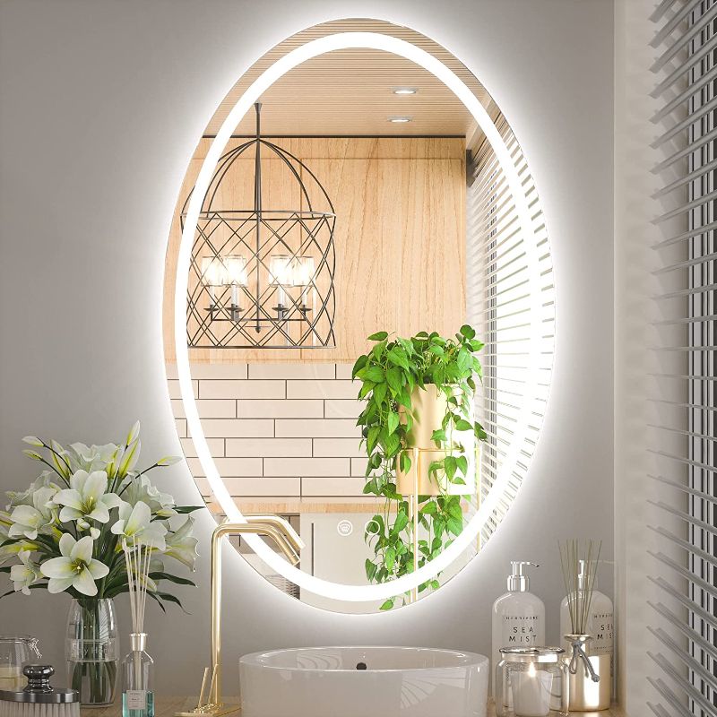 Photo 1 of Keonjinn Oval Bathroom LED Mirror 24 x 36 Inch Frontlit and Backlit Oval Mirror with Lights Anti Fog Oval Lighted Bathroom Mirror Wall Mounted Dimmable Illuminated Front lit Vanity Mirror, CRI 90+
