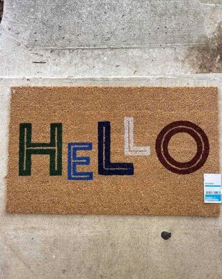 Photo 1 of 1'6"x2'6" Hello Colorblocked Coir Doormat - Room Essentials™

