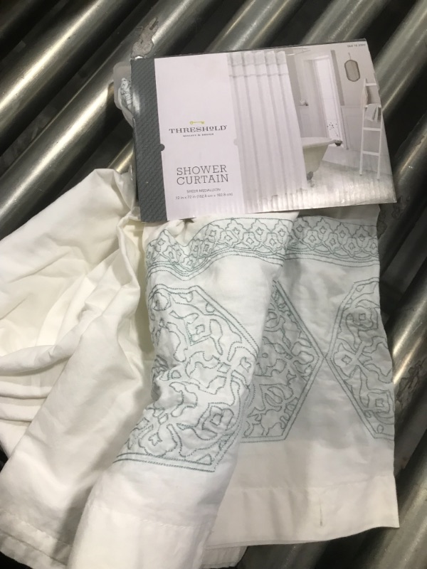 Photo 1 of Medallion Sheer Embroidery Shower Curtain White/Aqua - Threshold