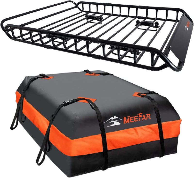 Photo 1 of MeeFar Roof Rack Carrier Basket Universal Rooftop Cargo Carrier Basket 51" X 36" X 5" + Waterproof Cargo Bag 15 Cubic Feet (44" 34" 17"), and Cargo Net with Attachment Hooks, Ratchet Straps
