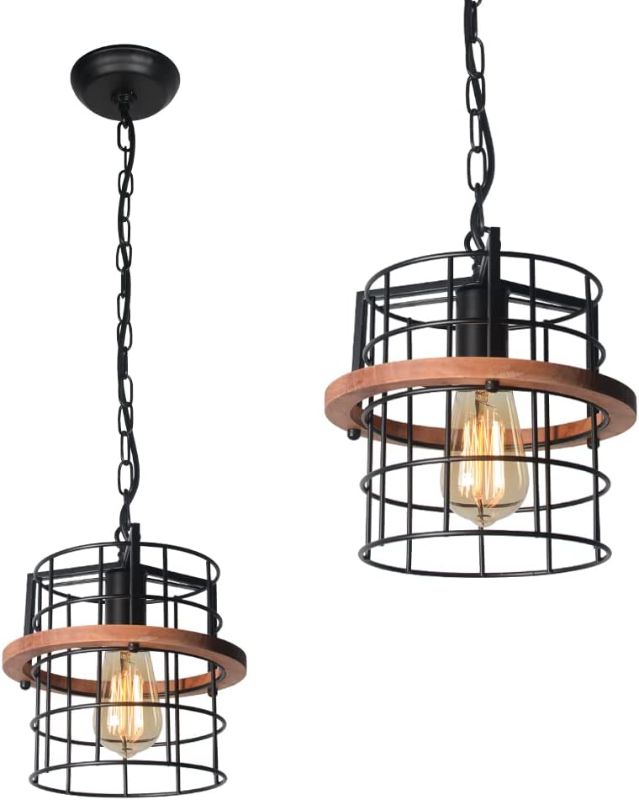 Photo 1 of Small Farmhouse Rustic Pendant Light Fixture for Kitchen Island, Entryway, Dining Room, Foyer, Hallway, Solid Wood Black Metal Cage Shade Cylindrical Lantern Indoor Lighting, UL E26 VE20027
