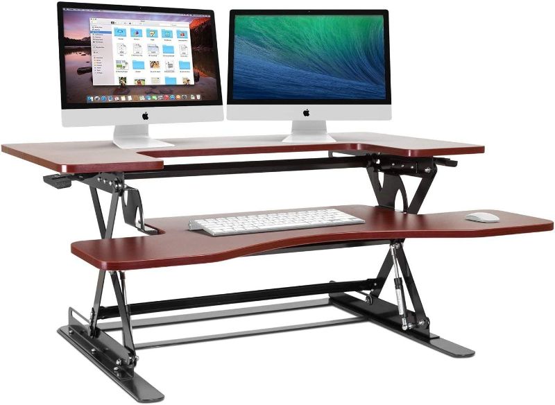 Photo 1 of Halter Height Adjustable Pre-Assembled Standing Desk Converter, Elevating Desktop Riser, Standing Desk for Sit or Stand Computer Workstations, 36 Inches; Cherry
