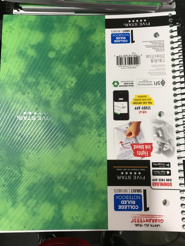 Photo 2 of [5 Pack] Five Star 1 Subject College Ruled Spiral Notebook [Green]