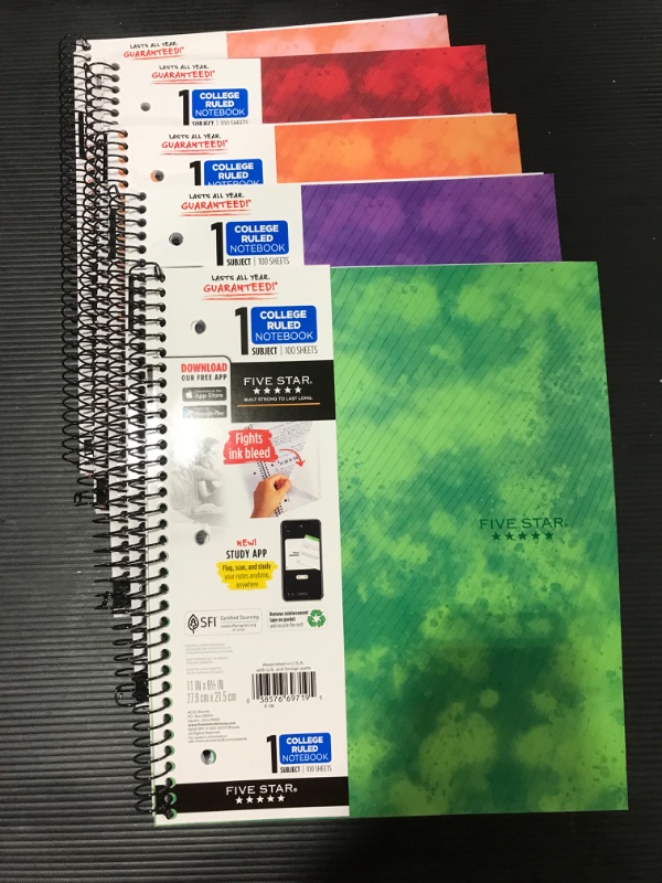 Photo 1 of [5 Pack] Five Star 1 Subject College Ruled Spiral Notebook [Colors Vary]