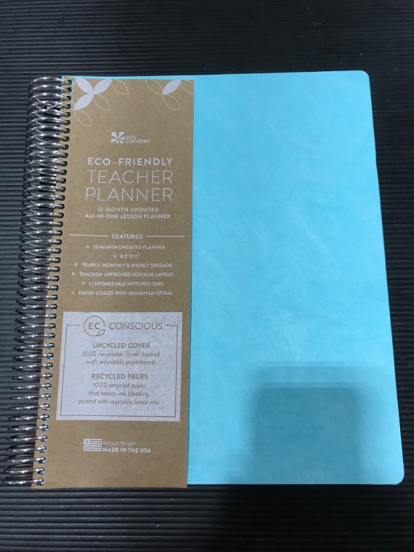 Photo 3 of Undated 12 Month Teacher Lesson Planner Eco-Friendly Coiled 8.5"x11" Turquoise - Erin Condren