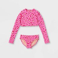 Photo 1 of Girls' Leopard Print Long Sleeve Cropped 2pc Bikini Set - Cat & Jack™ Pink