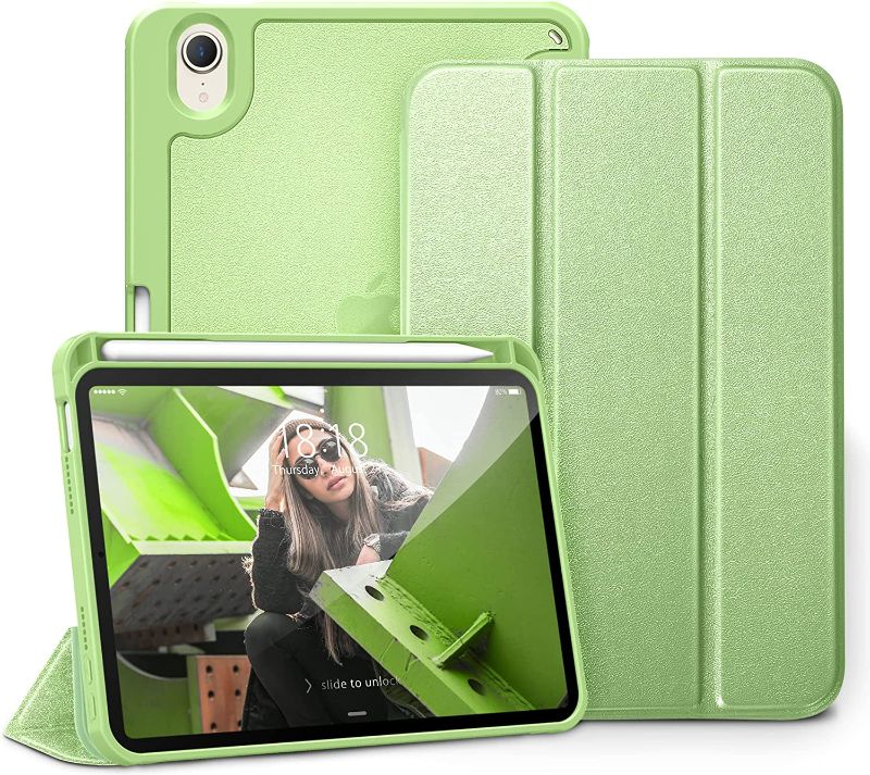 Photo 1 of DTTO iPad Mini 6 Case 2021 with Pencil Holder, Slim Smart Trifold Stand Front Cover [Auto Sleep/Wake] with Shockproof Hard PC Matte Back Cover for Apple iPad Mini 6th Generation 8.3 Inch, Light Green 