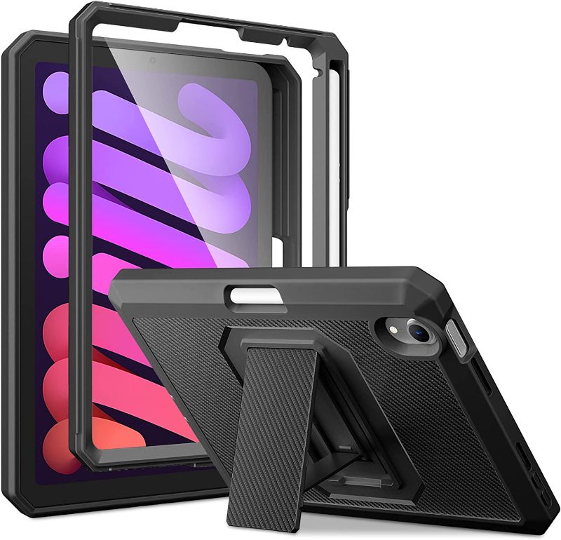 Photo 1 of DTTO Shockproof Case for iPad Mini 6 2021, Dual Layer Full Body Tough Rugged Stand Cover Case, Built-in Screen Protector and Pencil Holder for iPad Mini 6 8.3 inch 2021 Release, Deep Black 